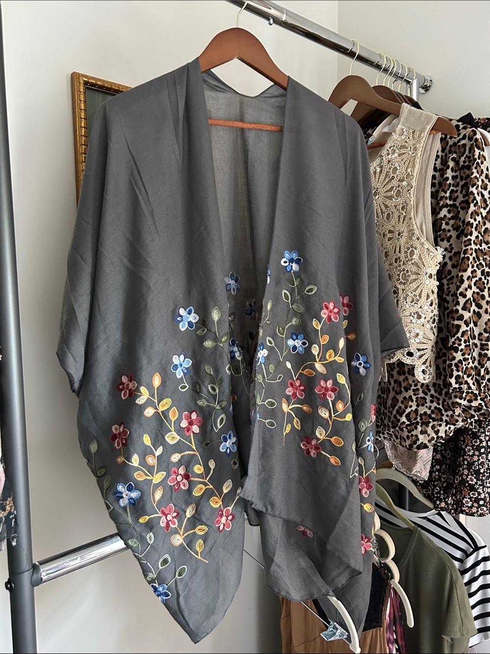 New Floral Embroidered Gray blue yellow orange Kimono scarf shawl